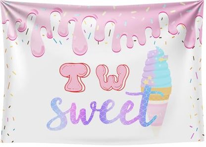 7x5Ft Two Sweet Ice Cream Backdrop Two Sweet 2nd Birthday Background Sweet Summer Girls Birthday Baby Shower Decorations Banner Photo Booth Props - color: Ice cream Backdrop 2