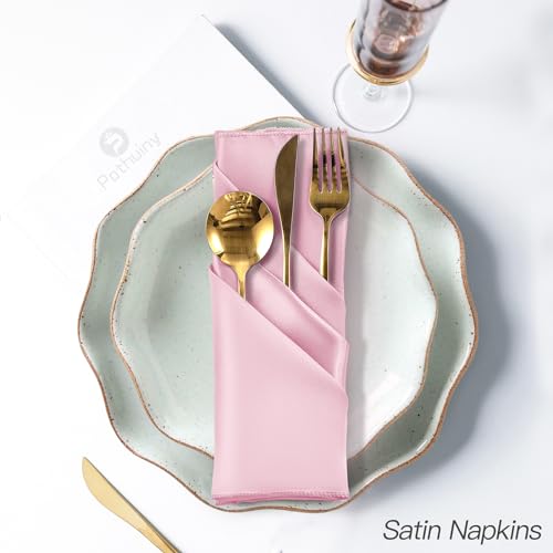 P Pothuiny 12 Pcs Silky Pink Satin Napkins 17 x 17 Inches, Square Smooth Wedding Dinner Napkins Satin Cloth Napkins Table Napkins for Banquet Party Restaurant Decor, Thanksgiving, Christmas - color: Pink