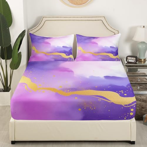 Purple Golden Marble Texture Bed Sheets Set Purple Golden Gradient Fitted Sheet Smoke Marble Art Bedding Set for Boys Girls Golden Streaks Bed Cover Full Size 3Pcs Bed Set - color: Multi 22, size: Full