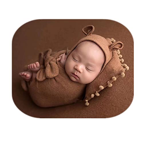 Newborn Baby Boy Girl Photography Props Bow Wrap, Posing Aid, Hat and Blanket Set of 4 Pcs - color: Dark Coffee