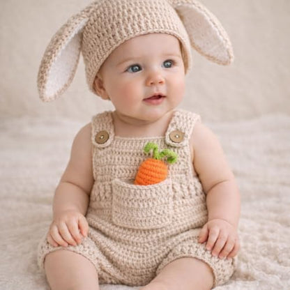 Baby Bunny Outfit for Newborn Photoshoot Props – Easter Baby Outfit Knitted Crochet Bunny Costume with Bunny Ears Hat & Carrot Prop – Newborn Photography Outfit Easter Bunny Baby Photoshoot Costume