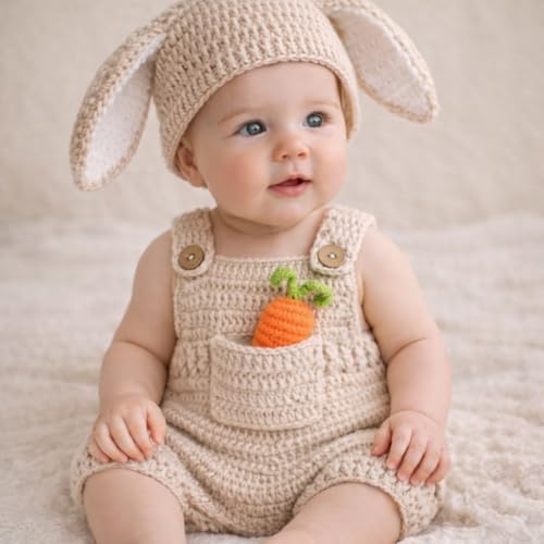 Baby Bunny Outfit for Newborn Photoshoot Props – Easter Baby Outfit Knitted Crochet Bunny Costume with Bunny Ears Hat & Carrot Prop – Newborn Photography Outfit Easter Bunny Baby Photoshoot Costume
