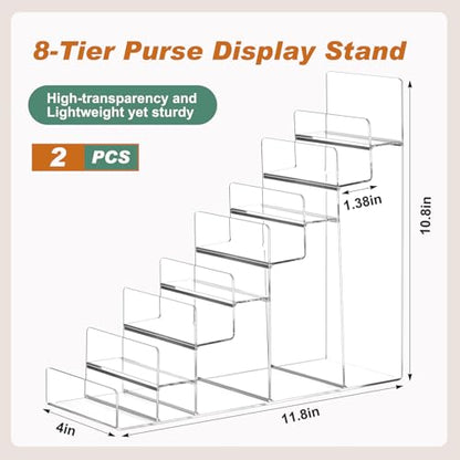 Kathfly 2 Pack 8-Tier Acrylic Wallet Display Stand Clear Purse & Handbag Organizer Riser Shelf for Perfume, Sunglasses, Cosmetics, Jewelry Vendor Display for Craft Fairs, Retail - size: 8-tier