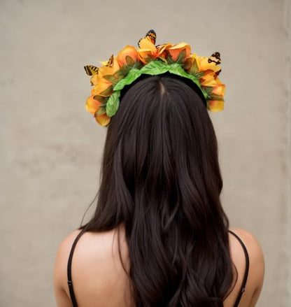 Elegant Butterfly Flower Headband for Women Boho Handmade Rose Floral Crown Wedding Bridal Festivals Cosplay Prom Photo Props Headpiece (A3 yellow, Adjustable) - color: A3 yellow