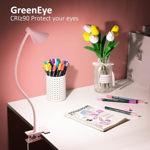 LiFMIRA Pink Small Desk Lamp Clip on LED Reading Light for Bed, 3 Color Modes 10 Dimmable Brightness, Book in Bed Headboard, Flexible Neck Clamp BL08 - color: Pink