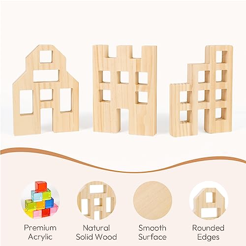Woodtoe Wooden Building Blocks Set for Kids, 36 PCS Rainbow Acrylic Gem Blocks - 3 Wood House, Montessori Stacking Toy for Toddlers, Educational STEM Birthday Creative Toy Gift for Boys Girls 3-6 - style: 36 PCS Rainbow Blocks Set
