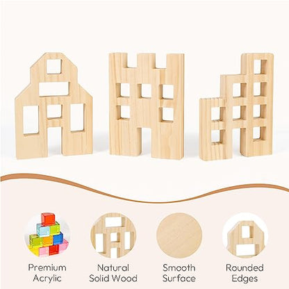 Woodtoe Wooden Building Blocks Set for Kids, 36 PCS Rainbow Acrylic Gem Blocks - 3 Wood House, Montessori Stacking Toy for Toddlers, Educational STEM Birthday Creative Toy Gift for Boys Girls 3-6 - style: 36 PCS Rainbow Blocks Set