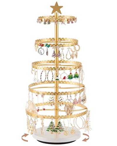 Lolalet 5-Tier Rotating Earring Holder Organizer, Metal Earring Display Stand Large Tree-shaped Rack for Studs Hoops Dangling Earrings, Gift for Women and Girls -Gold - color: Gold