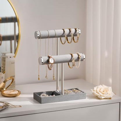 bussdis 2 Tier Bracelet Holder Display - Detachable T Bar Grey Velvet Bracelet Holder, Jewelry Holder Organizer for Bracelet, Necklace, Earrings, Rings - color: Grey