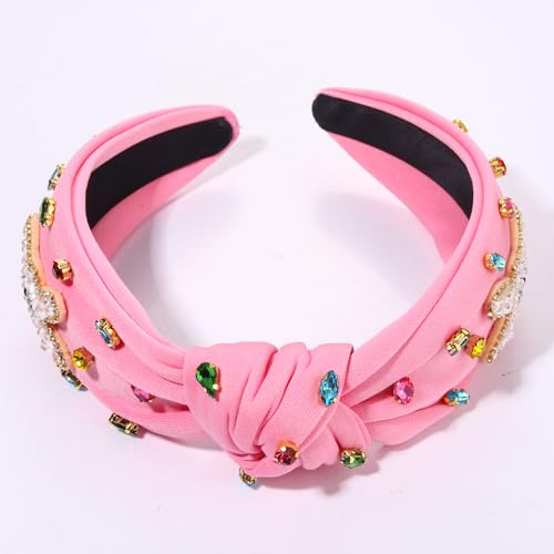 NVENF Easter Headband for Women Beaded Rabbit Bunny Headband White Pink Crystal Pearl Knotted Hairband Happy Easter Hair Accessories Spring Holiday Headwear Outfits Gifts (Bunny A - Pink) - color: Bunny A - Pink