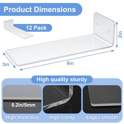 12 Pieces Floating Shoe Racks, 9 X 3 Inch Clear Acrylic Floating Shoe Display Shelves with Screws and Anchors, for Wall, Great for Bedroom, Gaming Room, Sneaker Collection