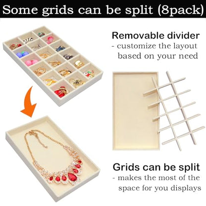8 Pack Stackable Jewelry Organizer Tray Velvet Jewelrry Storage Drawer Insert Earring Stacking Trays for Dresser 18 Grids - color: Beige