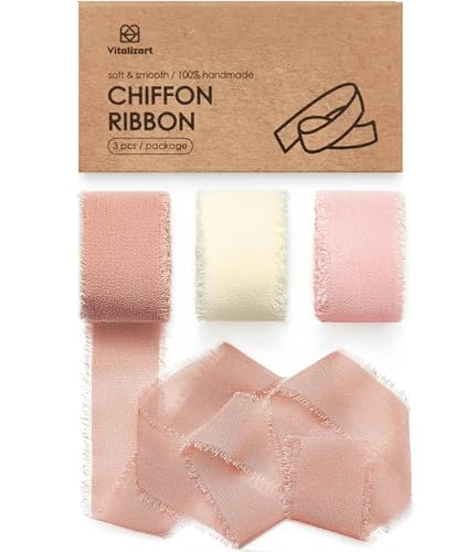 Vitalizart Pink & White Chiffon Silk Ribbon 1" x 21 Yd Fringe Fabric Package (3 Rolls * 7 Yd) for Wedding Invitations Bridal Bouquets Decorations Gifts Wrapping & Bow Making - color: Pink & White