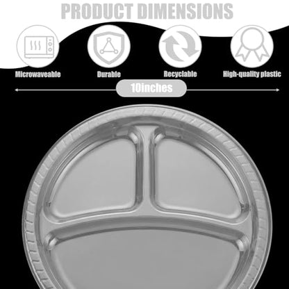 Umigy 100 Pcs 10 Inch 3 Compartments Divided Plastic Plates Bulk Colorful Disposable Heavy Duty Round Dinnerware for Party Valentine Wedding Birthday(Transparent) - color: Transparent