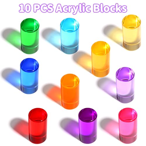 10 PCS Rainbow Acrylic Blocks, Crystal Lucite Gem Cubes for Kids, Highly Transparent Colored Acrylic Cylinder Building Blocks, Educational Sensory Learning Toys