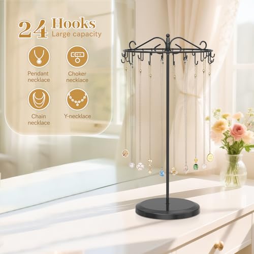 MODOWEY Necklace Holder Organizer Rotating Display, 24 Hooks Stand Adjustable Tree for Long Chain Storage, Tabletop Metal Hanger Rack for Men Women, No More Tangled Pendant Jewelry, Black - color: Glossy Black, size: 1 Tier