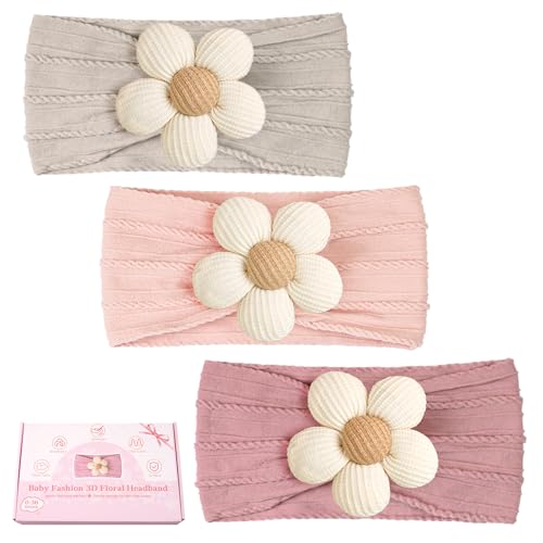 CÉLLOT Baby Flower Headbands Baby Girls Nylon Headbands Baby Essentials Stretchy Hairbands Handmade Hair Accessories for Newborn Infant Toddlers Kids (Pink,Khaki Gray,Dusty Pink) - color: Pink+Cameo+Salmon