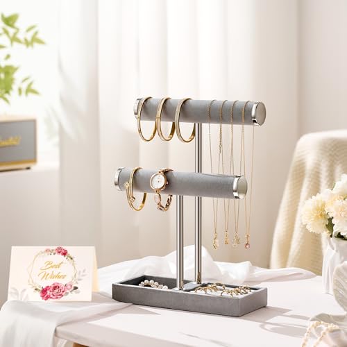 bussdis 2 Tier Bracelet Holder Display - Detachable T Bar Grey Velvet Bracelet Holder, Jewelry Holder Organizer for Bracelet, Necklace, Earrings, Rings - color: Grey