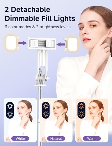 Selfie Stick Tripod with 2 Light, 3 Light Modes & 6 Brightness Levels Extendable Phone Tripod with Detachable Remote & Phone Holder, Portable Camera Tripod Compatible with iphone16 15 14 13/Android - color: White