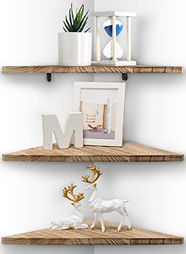Joiishom Corner Wall Shelf Set of 3, Floating Corner Shelves, Rustic Wood Wall Storage Display Shelves for Living Room, Bedroom, Bathroom, Kitchen (Carbonized Wood) - color: Carbonized Wood