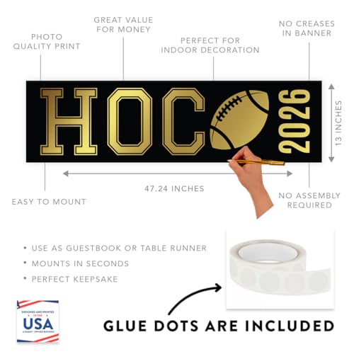 Andaz Press Large Homecoming Decorations 2026, Homecoming Banner with Football Design, Black & Gold HOCO Sign Banner with Adhesive Dots, High School Game Day HOCO Decorations 2026, 13x48 Inch - color: Black & Gold HOCO Football Banner
