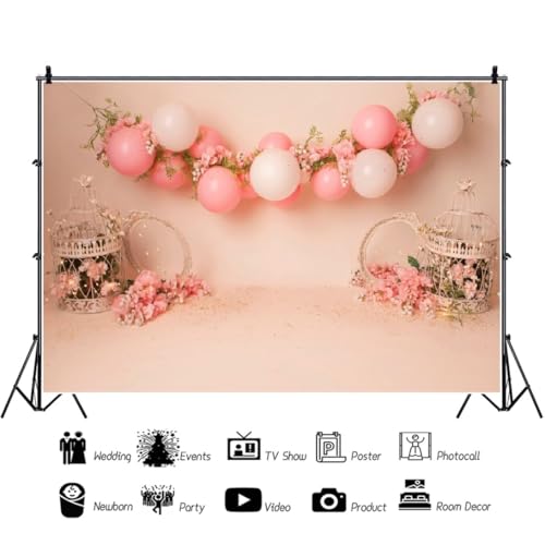 Yeele 6x4ft Pink Balloon Floral Backdrop for Girl Birthday Pastel Pink Room Flowers Balloons Princess Baby Shower Photography Background for Newborn Girls Women Portrait Photo Shoot Props - size: 6x4ft