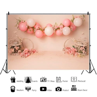 Yeele 8x6ft Pink Balloon Floral Backdrop for Girl Birthday Pastel Pink Room Flowers Balloons Princess Baby Shower Photography Background for Newborn Girls Women Portrait Photo Shoot Props - size: 8x6ft
