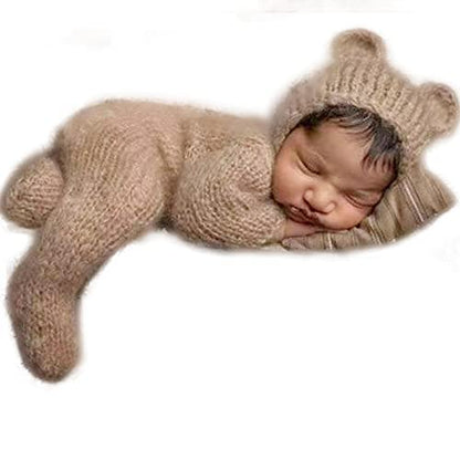 2Pcs Newborn Photography Props Boy Photo Posing Outfits Baby Photoshoots Girl Crochet Bear Hat Romper - color: Khaki
