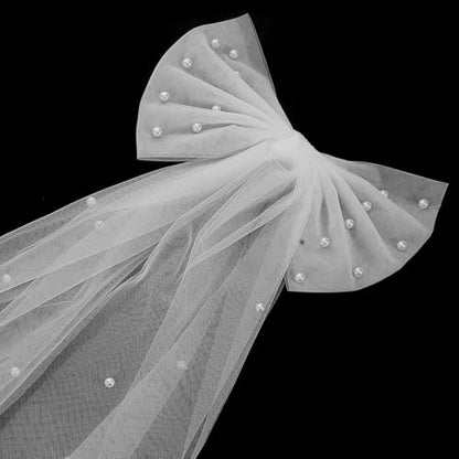 White Bridal Veil Hair Bow Clip with Faux Pearls Double-layer Bow Wedding Accessory for Bride Engagement Photoshoot