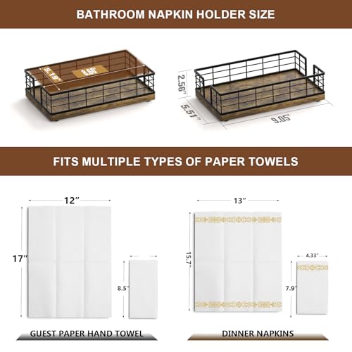 Wican Guest Towel Holder Tray for Bathroom, Wood and Iron Napkins Holder for Powder Room Dinning Table Wooden Basket for Disposable Paper Hand Towels Black & Vintage Brown - color: Black & Vintage Brown, size: 9.06 x 5.51 x 2.56 inchs