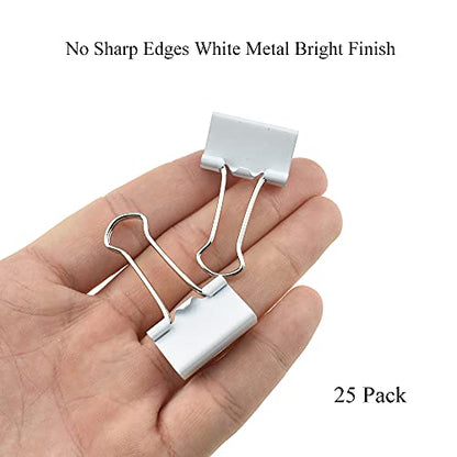 HAHIYO Binder Clips Paper Clamps Spring Steel Sturdy 0.98 inches Width 0.31 Inch Capacity No Sharp Edges Heavy Duty Tight Grip Reusable White Metal Bright Finish for Home Office School 25 Pack - size: White0.98in-25P