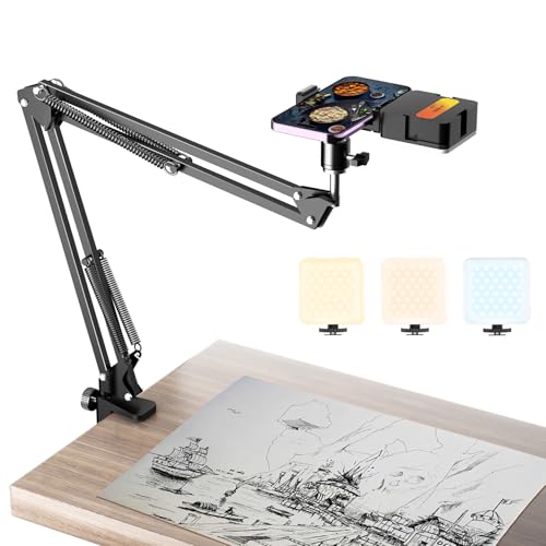 Overhead Phone Mount with Rechargeable Light for iPhone, Desk Tripod with Clamp for Content Creator Camera Recording, Top Down Holder Stand for Filming/Live/Cooking/Unboxing/Drawing/YouTube/TikTok