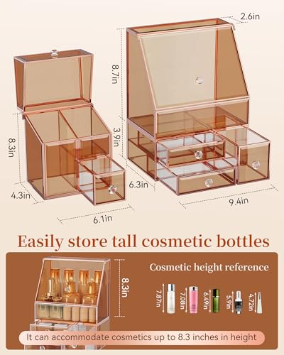 Youdepot Glass Makeup Storage for Vanity and Bathroom Countertop – Large Cosmetic Display Case and Skincare Storage Solution - color: Amber