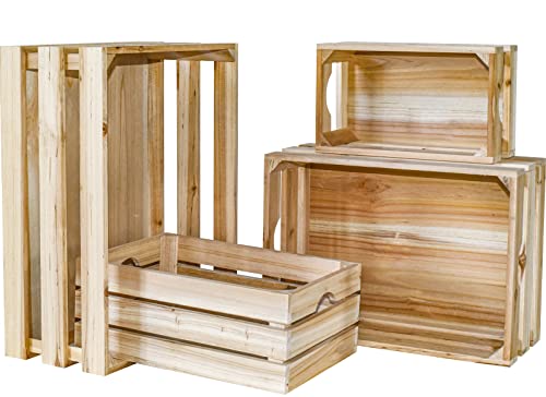 Set of 4 Large Wooden Crates Unfinished Office Storage Crates, Decorative Wood Storage Crates for Display, Rustic Pine Wood Organizer Bin Basket for Kitchen Pantry Bathroom - color: Natural Wood