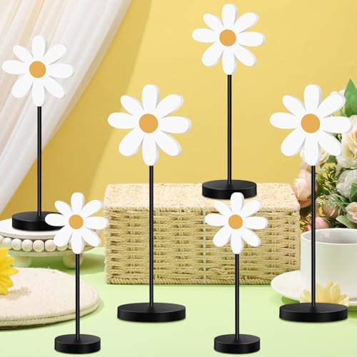 Geetery 6 Pack Spring Floral Centerpieces Wooden Daisy Table Decor Boho Daisy Flower Tabletop Decor Spring Table Decorations for Home Farmhouse Kitchen Dining Living Room Office Desk(White) - color: White
