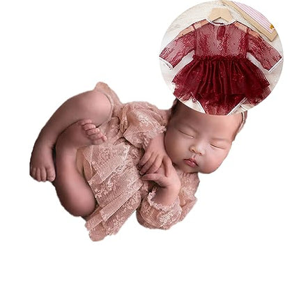 Newborn Photography Outfits Girl Baby Photo Tutu Dress Newborn Photoshoot Romper Baby Picture Lace Outfit - color: Red
