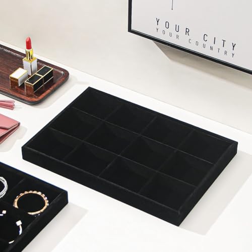 2pcs/Set Velvet Jewelry Tray, 12 Grids Large Storage Tray for Bracelet Bangle Beads Display, Jewellery Organizer Box Tray for Home Drawer or Shop Store Selling Show (Black Velvet) - color: Black, size: 12 Grid