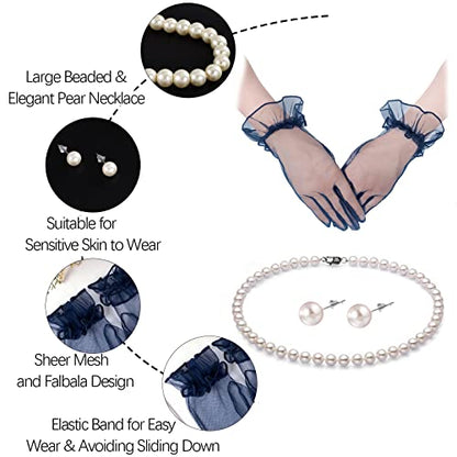 Fascinators Hats with Gloves Set for Women 20s 50s Cocktail Tea Party Wedding Costume Headwear - color: B-navy