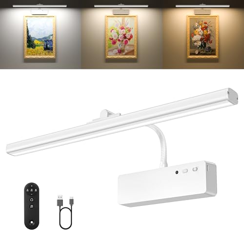 Picture Light, 15.35inch Wireless Picture Lights for Wall Rechargeable, 5400mAh Battery Wall Light with Remote, 3 Color Art Lighting for Paintings with Timer and Dimmable for Display, Gallery (White) - color: White, size: 15.35inch-1pack