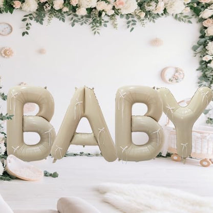 40" Cream White BABY Letter Foil Balloons with Pre-installed White Rustic Bows - Gender Neutral Decor for Baby Showers, Gender Reveal Parties, Boho Backdrop & Party Favors