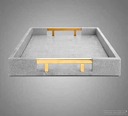 Home Redefined Modern Elegant 17.5"x12" Rectangle Glossy Grey Shagreen Faux Leather Decorative Tray Ottoman Coffee Table Perfume Kitchen Display Perfume Serving Tray with Gold Polished Metal Handles. - color: Grey/Gold