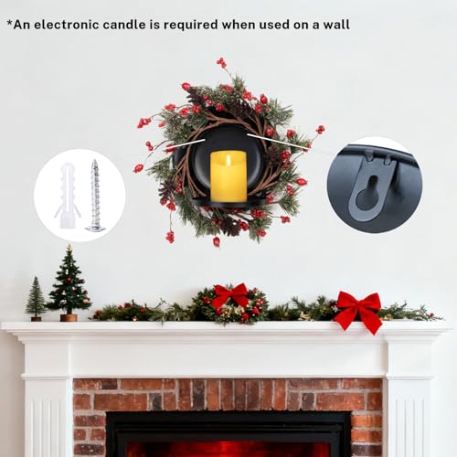 MOYEE Candle Holder Centerpieces for Tables,Candle Ring,Wreaths, Black Metal Candle Stick Paired Artificial Flowers 14 in Versatile Dining Table Centrepiece - color: Pine Needle and Red Pine Cone Wreath