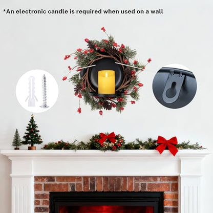 MOYEE Candle Holder Centerpieces for Tables,Candle Ring,Wreaths, Black Metal Candle Stick Paired Artificial Flowers 14 in Versatile Dining Table Centrepiece - color: Pine Needle and Red Pine Cone Wreath