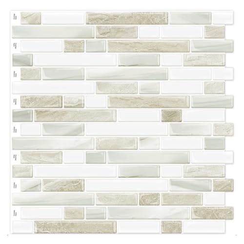 Yipscazo 10 Sheets Peel and Stick Backsplash for Kitchen,12''x12'' Waterproof Stick on Backsplash Smart Tiles for Bathroom,Removable Self Adhesive Wall Tiles (Marble Beige&White) - color: Marble Beige&white
