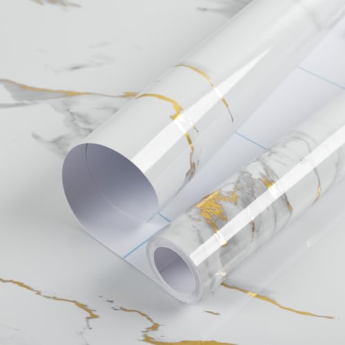 practicalWs Glossy Marble Wallpaper Peel and Stick White/Gold Granite Contact Paper Removable Wall Paper for Kitchen Countertop Cabinet Furniture 11.8" x 78.7" - color: Gold/White, size: 11.8" x 78.7"