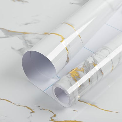 practicalWs Glossy Marble Wallpaper Peel and Stick White/Gold Granite Contact Paper Removable Wall Paper for Kitchen Countertop Cabinet Furniture 11.8" x 78.7" - color: Gold/White, size: 11.8" x 78.7"