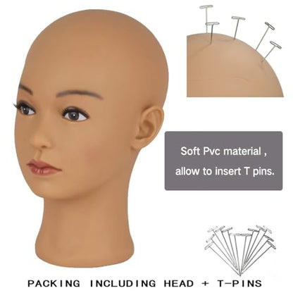 Hairway Female Professional Cosmetology Training Mannequin - Bald Mannequin Head for Wigs Making and Display - With Free T-Pins (Light Brown 21.5 Inch) - color: Female Bald Head 21.5“ Light Brown
