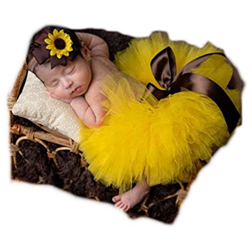 Baby Photography Props Boy Girl Photo Shoot Outfits Newborn Lovely Costume Tutu Dress Flower Headband - color: Yellow