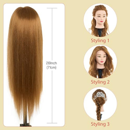 Mannequin Head with 80% Real Human Hair with Tripod Stand - 28" Cosmetology Manikin Doll Head for Hair Styling, Hairdressing Training Head for Braiding Practice Suitable for Hair Extensions - color: Blonde#27&Tripod Set