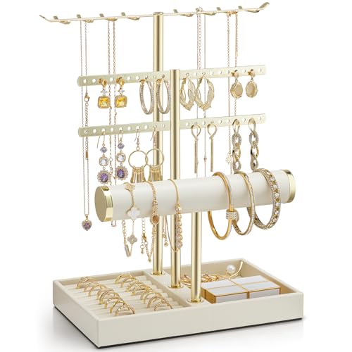 VLANDO 3 Tier Jewelry Stand Organizer with Tary, Leather Jewelry Holder Display for Women, Gold Jewlery Holder Display for Necklace, Earring, Bracelet, Rings - Cloud White - color: B. Cloud White, size: 3-Layer